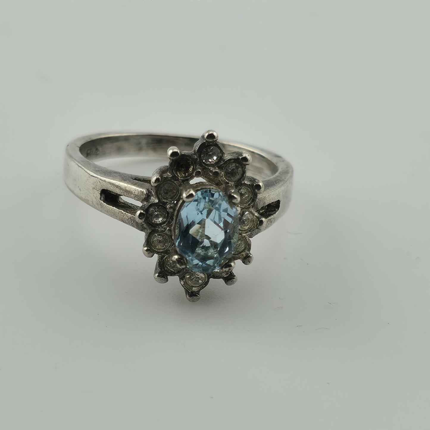 Sterling Silver Ring 925 Blue Topaz White Cz Stones Halo Size 6.75
