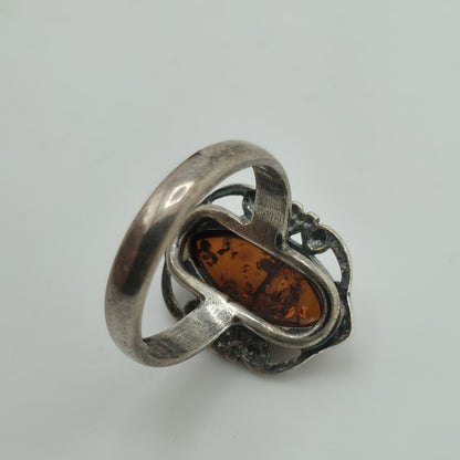 Baltic Amber Sterling Silver Ring Oval Stone Gothic Modernist 7 Polish