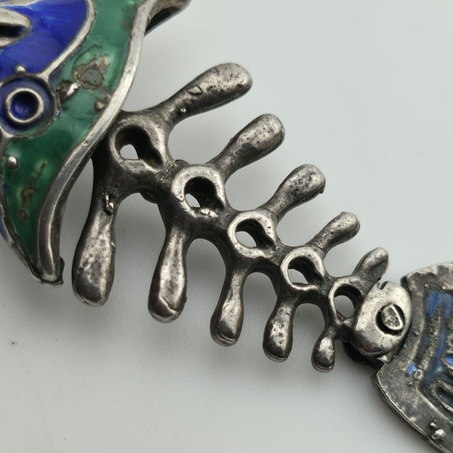 Sterling Silver 925 Green Blue Enamel Fish Bone Pendant Moveable Parts Vintage