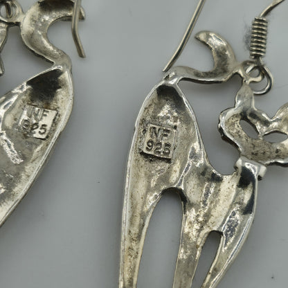 Sterling Silver Modernist Kitty Cat MCM Dangle Hook Earrings 4g 925 NF Vintage