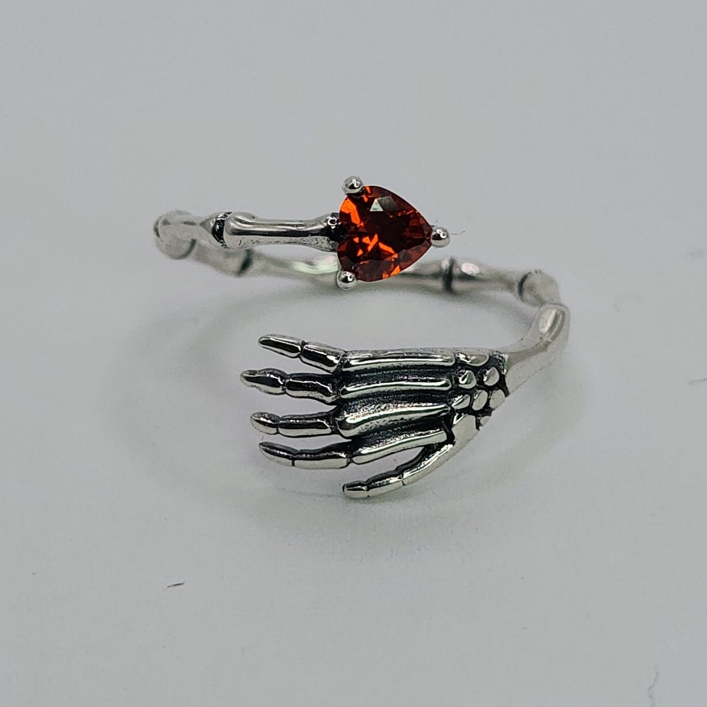 Gothic Skeleton Hand Ring Red Heart CZ 925 Sterling Silver Love Witch Adjustable