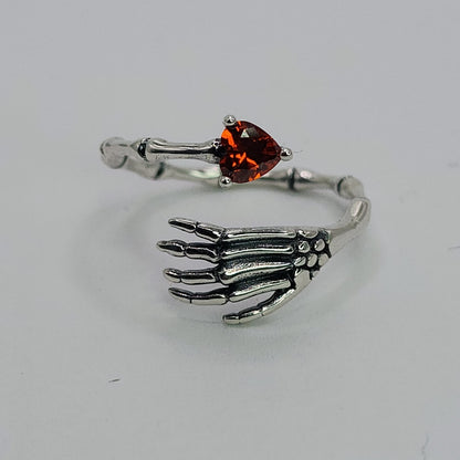 Gothic Skeleton Hand Ring Red Heart CZ 925 Sterling Silver Love Witch Adjustable