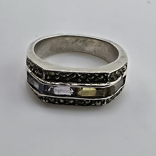 Sterling Silver Multi Color CZ Marcasite Scalloped Ring Size 5.25 Vintage