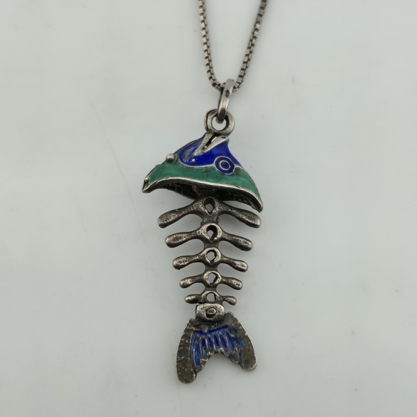 Sterling Silver 925 Green Blue Enamel Fish Bone Pendant Moveable Parts Vintage