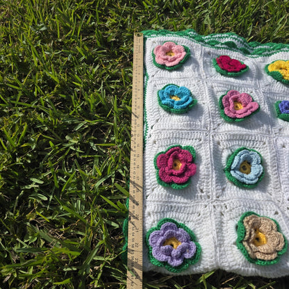 Vintage 70s Handmade 3D Rose Afghan Throw Blanket Granny 35x48 Floral Crochet