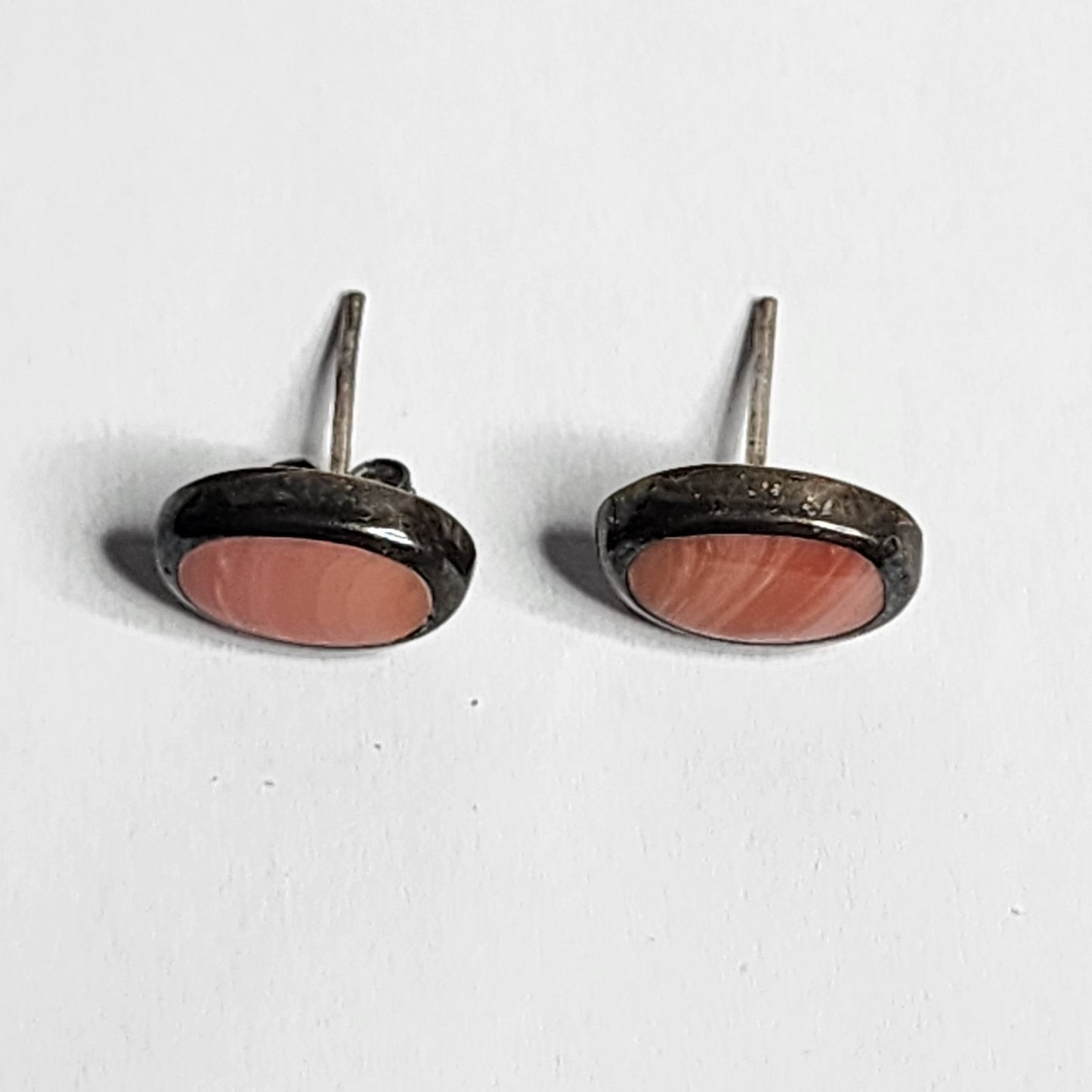 925 Sterling Silver Earrings Pink Inlay Stud tested Mexican Vintage