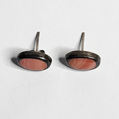 925 Sterling Silver Earrings Pink Inlay Stud tested Mexican Vintage