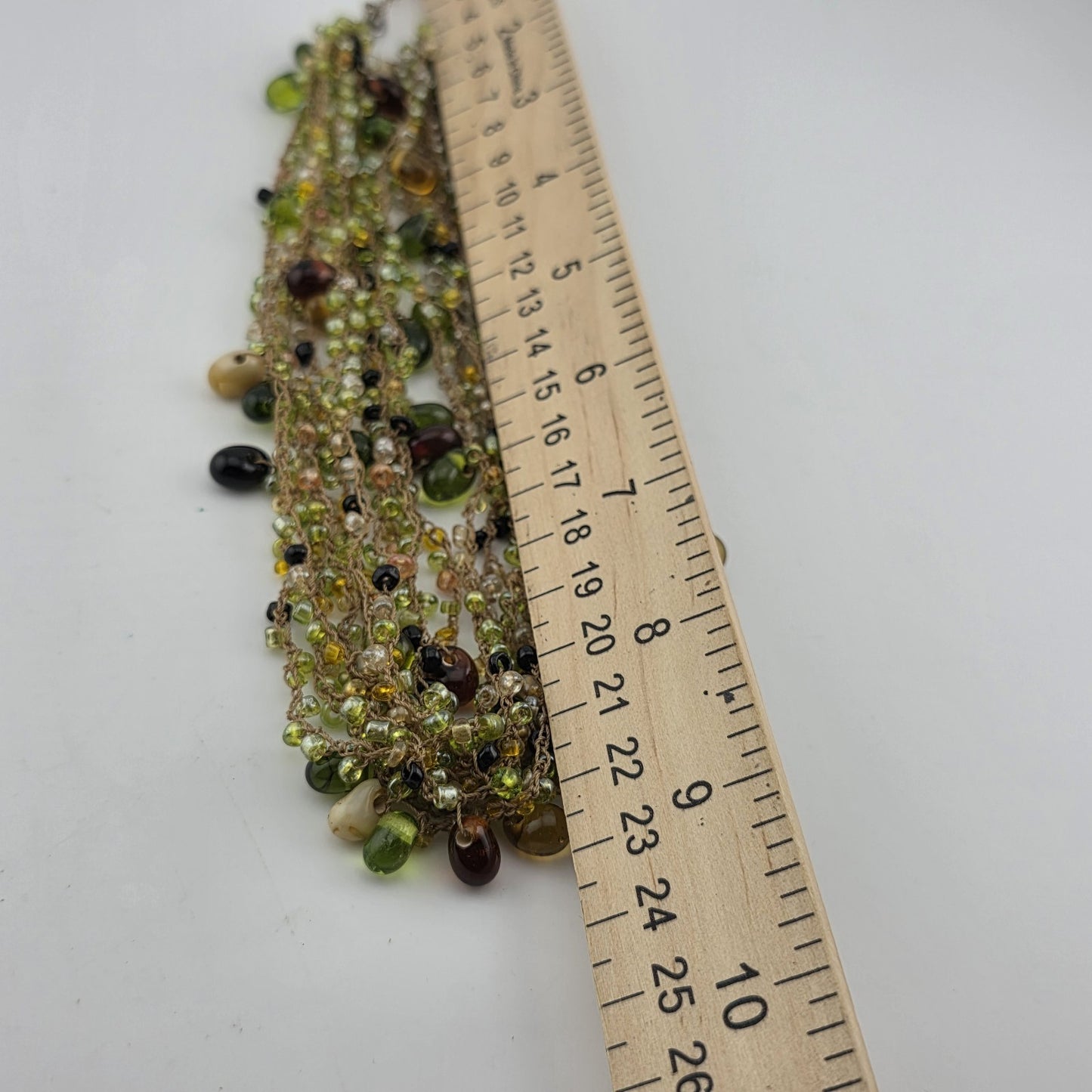 Multistrang Gemstone Handmade Crochet Necklace Olive, avocado Green tones 18"