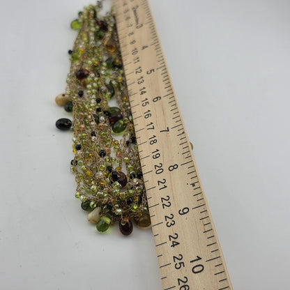 Multistrang Gemstone Handmade Crochet Necklace Olive, avocado Green tones 18"