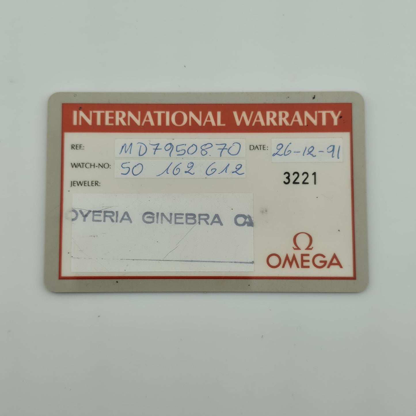 Omega International warranty card 1991 w/ Dealer Ref: MD7950870 Ephemera Vintage