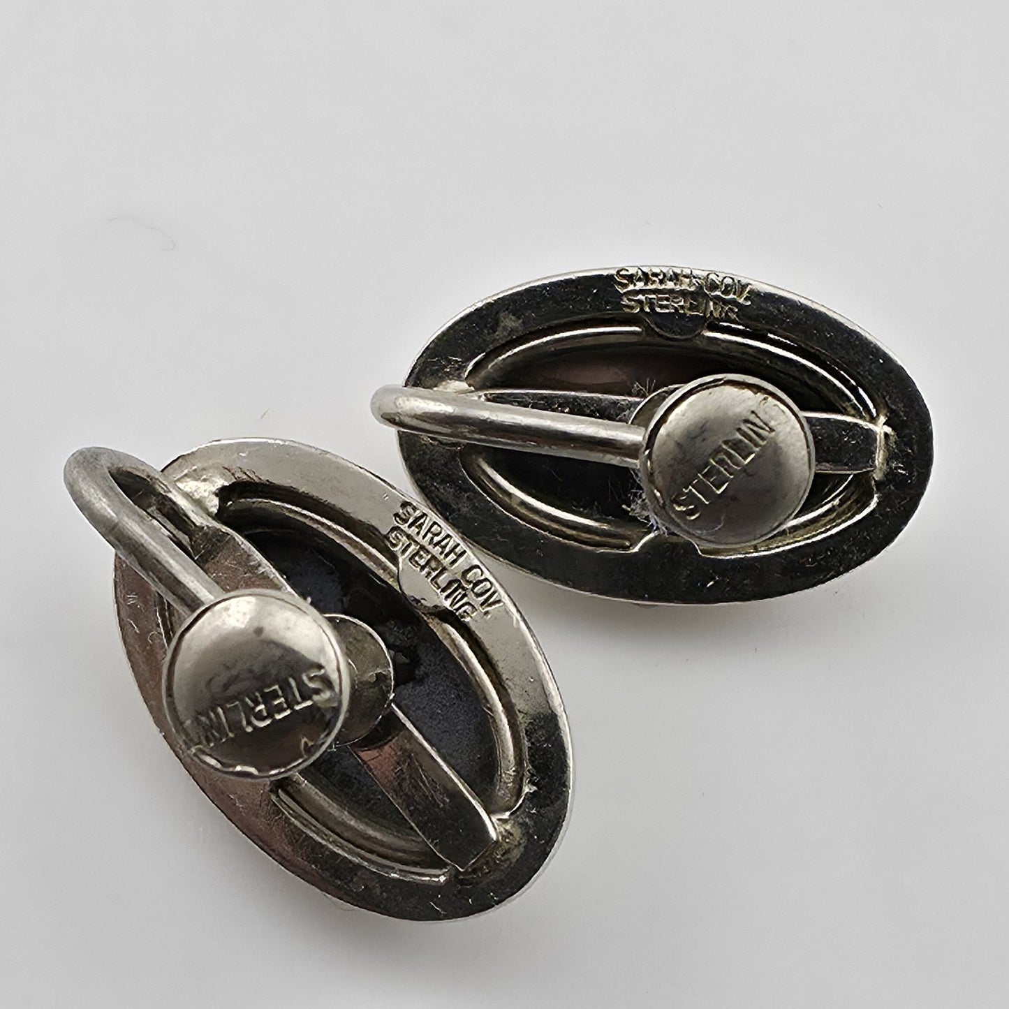 SARAH COVENTRY Cameo Earrings 925 Sterling Silver Art Deco Abalone Shell 1969
