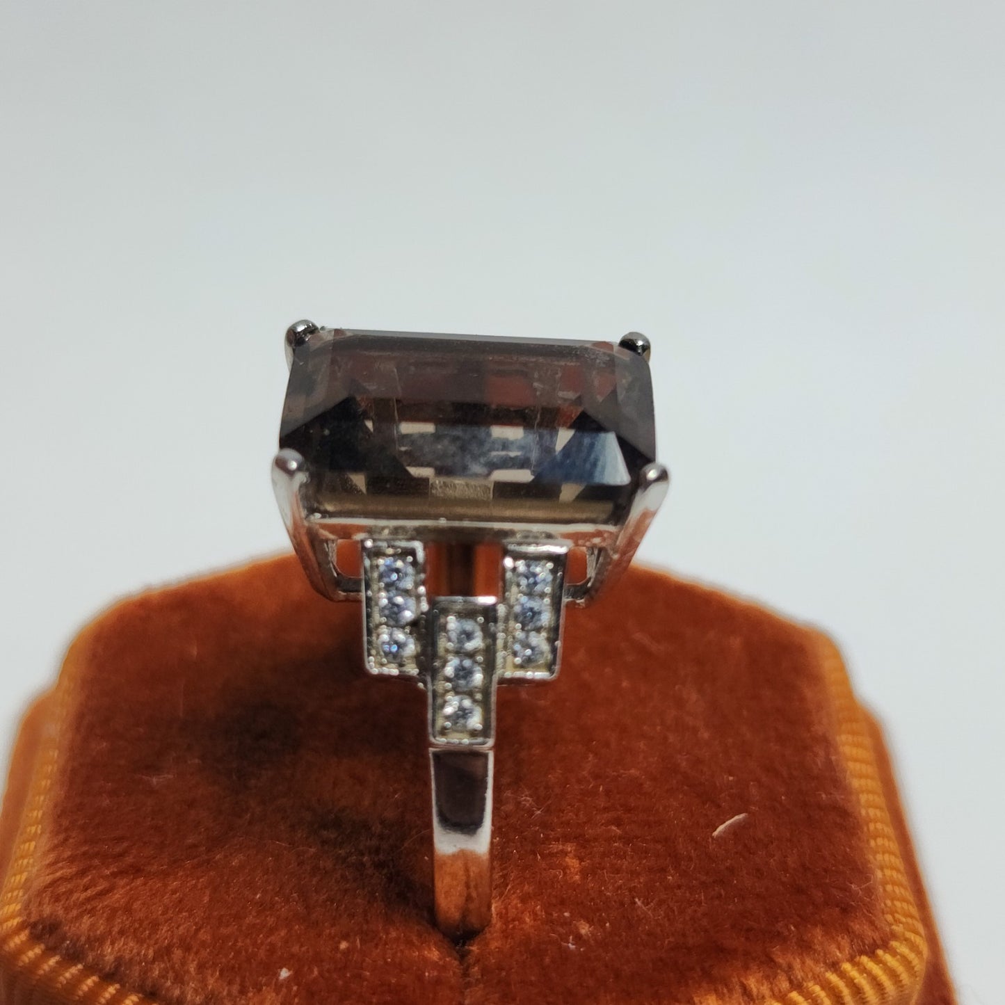 Smoky Quartz Sterling Silver Ring Art Deco Size 8 925 Statement Jewelry