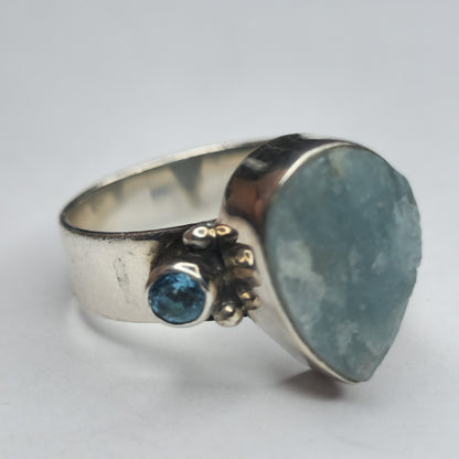 925 Sterling Silver PT Ring Aquamarine Teardrop blue Stone Size 7.5