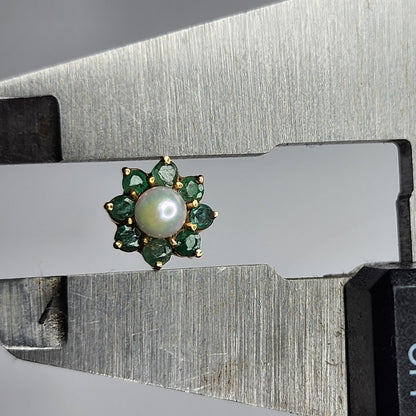 14K Yellow Gold Earrings White Pearls Flower Green Stones Stud 9mm 585
