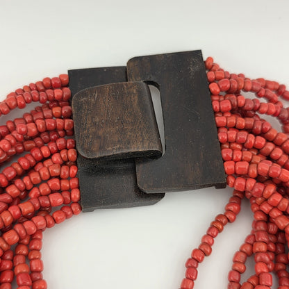 Dark Red Glass Bead Multistrand, Layered Necklace With Wooden Square Closure