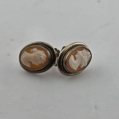 800 Silver  Antique Cameo Screw Back Earrings Vintage European Jewelry