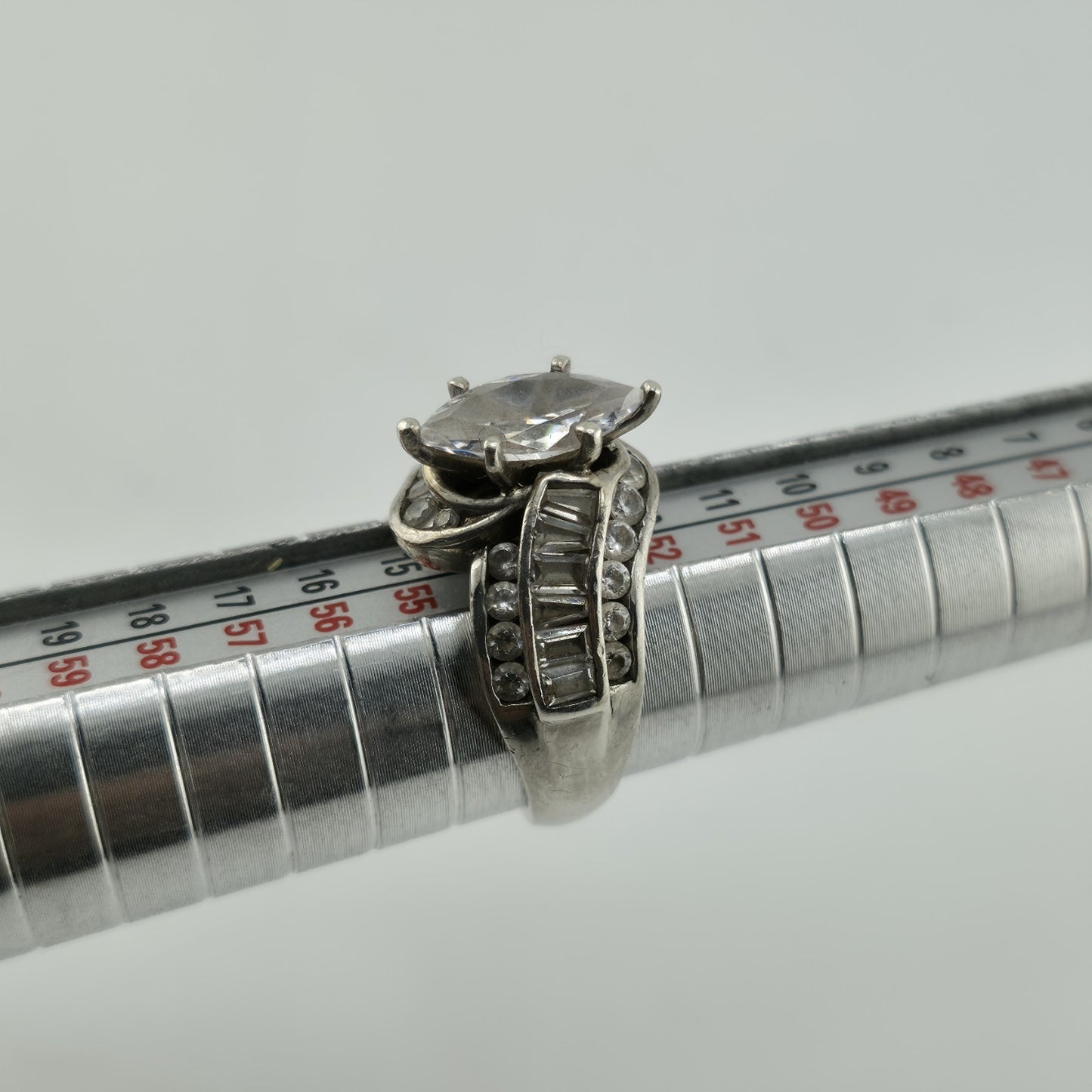 Sterling Silver Ring Marquise Clear Stone Baguette Design Size 6.75 Vintage 925