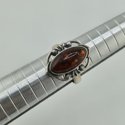 Baltic Amber Sterling Silver Ring Oval Stone Gothic Modernist 7 Polish