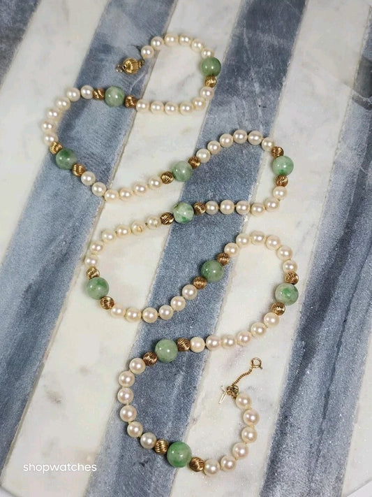 Pearl Jade Gold Beaded Necklace 30" 12K GF Beads 10K Gold Clasp Vintage