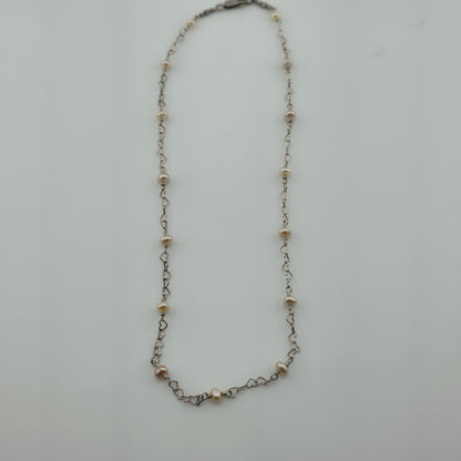 925 Sterling Silver Heart Links ❤️ Pearls Necklace Jewelry 16 Inches
