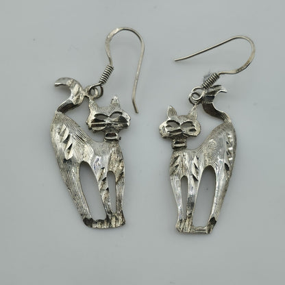 Sterling Silver Modernist Kitty Cat MCM Dangle Hook Earrings 4g 925 NF Vintage