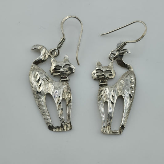 Sterling Silver Modernist Kitty Cat MCM Dangle Hook Earrings 4g 925 NF Vintage