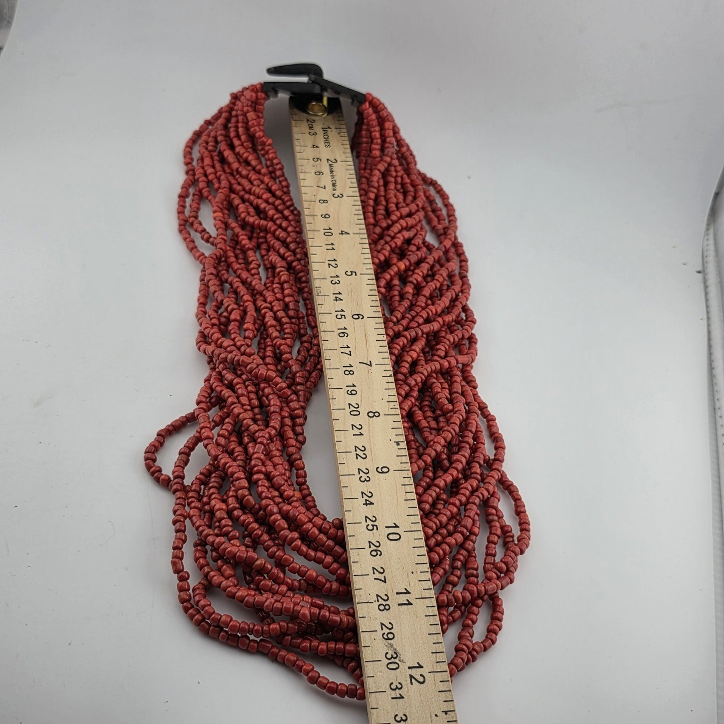 Dark Red Glass Bead Multistrand, Layered Necklace With Wooden Square Closure