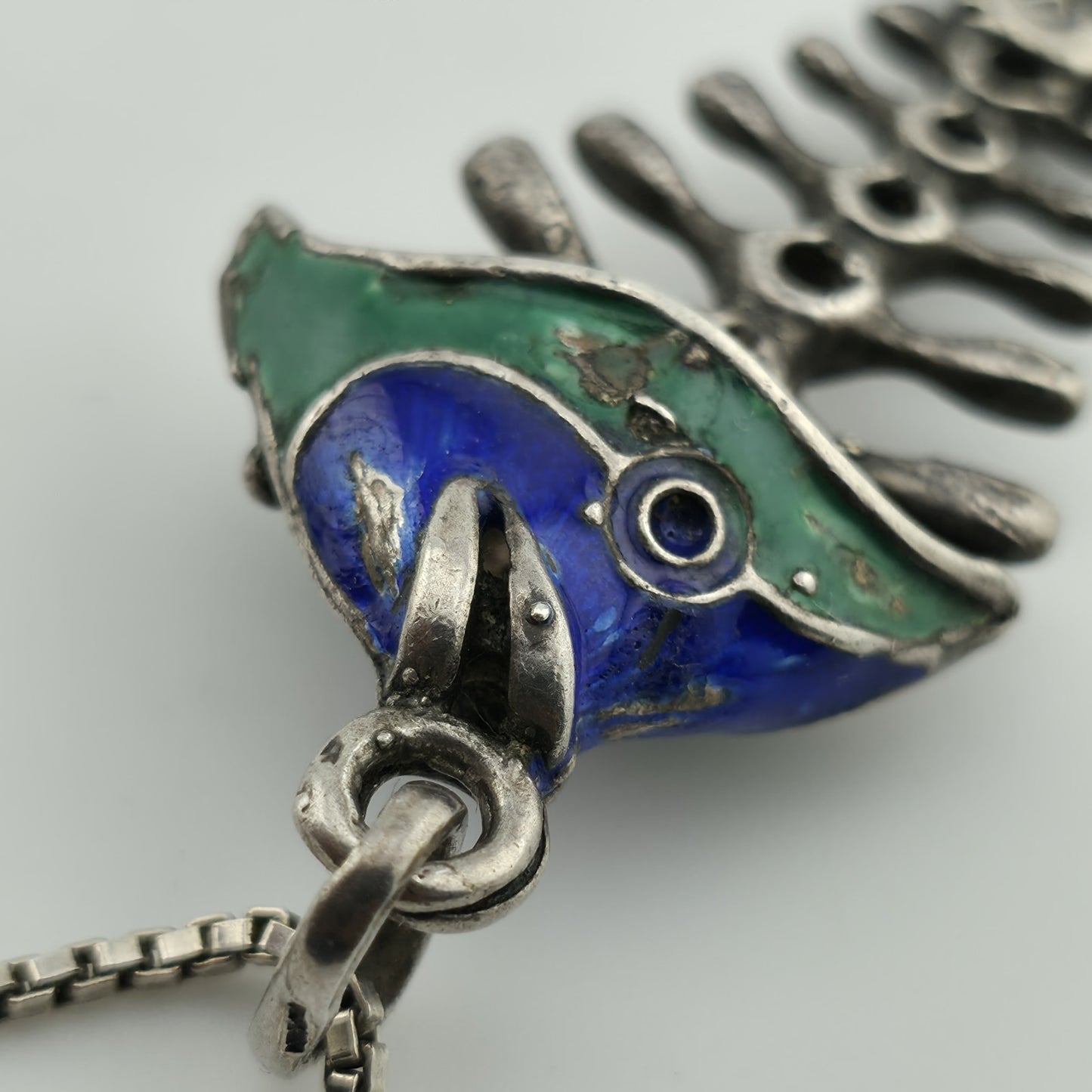 Sterling Silver 925 Green Blue Enamel Fish Bone Pendant Moveable Parts Vintage