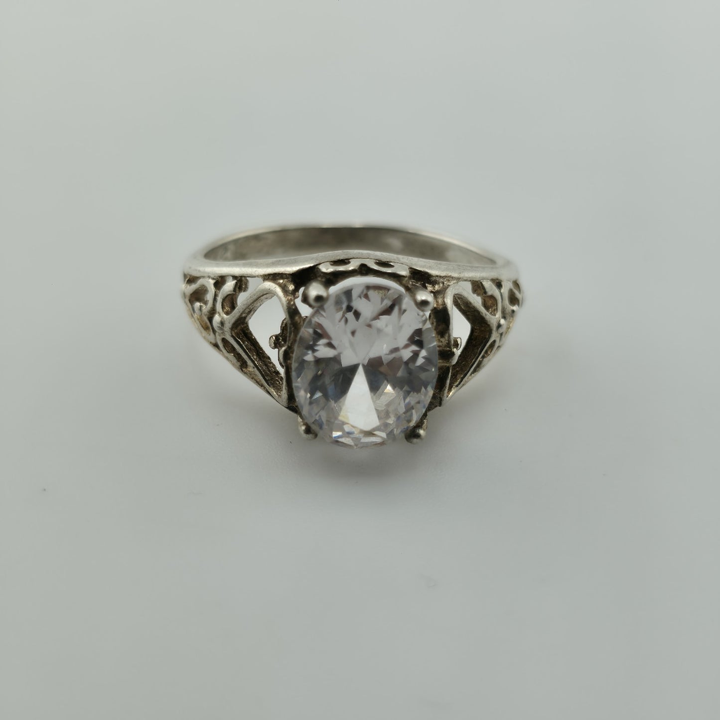 Sterling Silver 925 Large Clear Stone Ring Filigree Heart Vintage Size 7.5