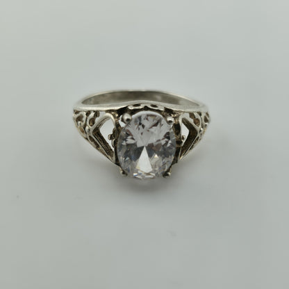 Sterling Silver 925 Large Clear Stone Ring Filigree Heart Vintage Size 7.5