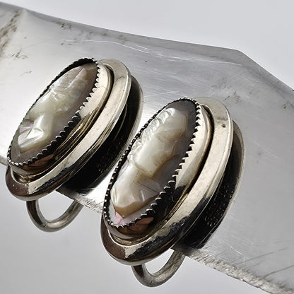 SARAH COVENTRY Cameo Earrings 925 Sterling Silver Art Deco Abalone Shell 1969