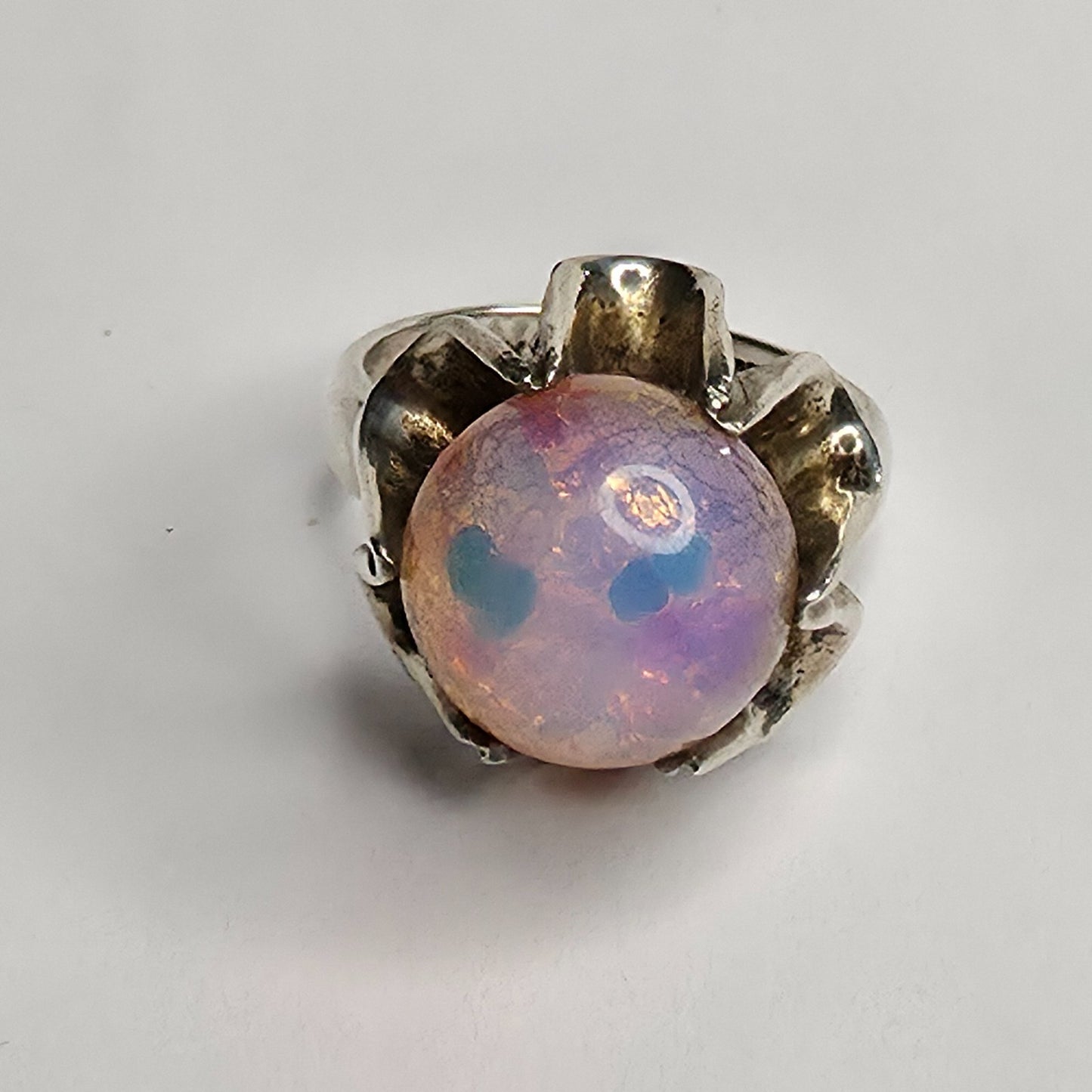 Mexican Fire Opal 925 Sterling Silver Belcher Ring Sz 7.25 Vintage Boho Jewelry