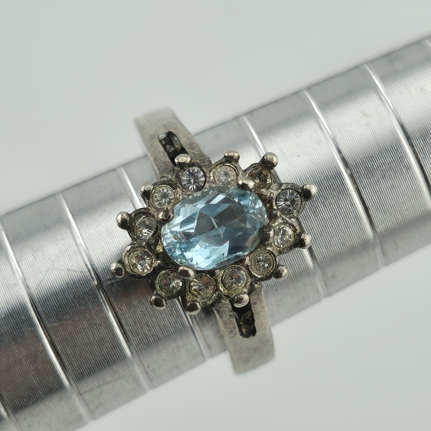 Sterling Silver Ring 925 Blue Topaz White Cz Stones Halo Size 6.75