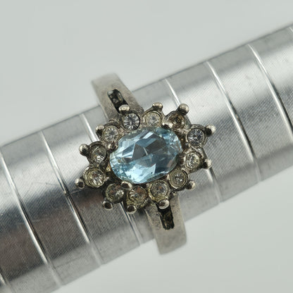 Sterling Silver Ring 925 Blue Topaz White Cz Stones Halo Size 6.75