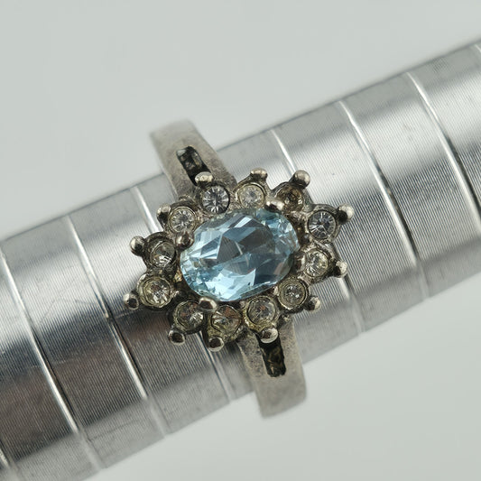 Sterling Silver Ring 925 Blue Topaz White Cz Stones Halo Size 6.75
