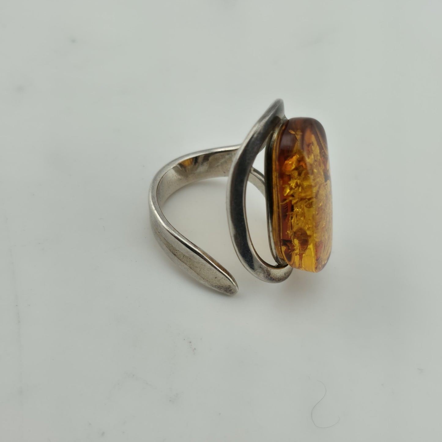 Vintage Ring MCM Sterling Silver Natural Honey Amber Unique Abstract Adjustable
