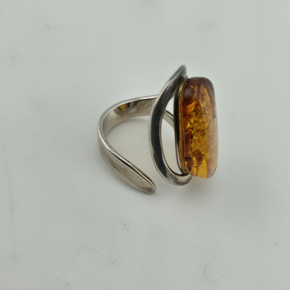 Vintage Ring MCM Sterling Silver Natural Honey Amber Unique Abstract Adjustable