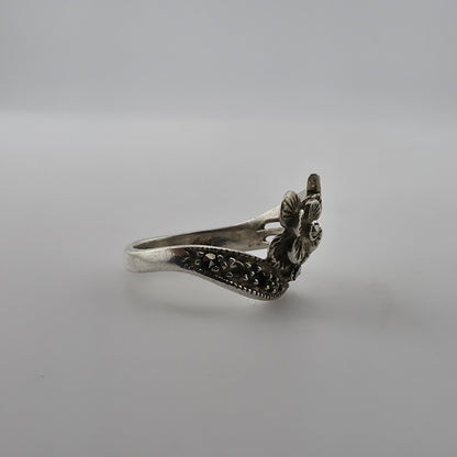 Sterling Silver Marcasite Flower Ring Size 5.5 Dainty Feminine Missing Stones