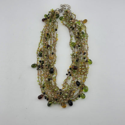 Multistrang Gemstone Handmade Crochet Necklace Olive, avocado Green tones 18"