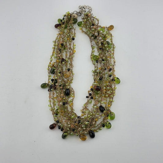 Multistrang Gemstone Handmade Crochet Necklace Olive, avocado Green tones 18"