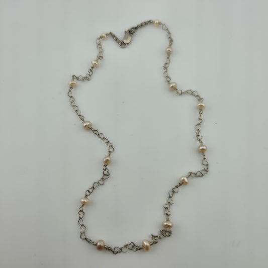 925 Sterling Silver Heart Links  ❤️ Pearls Necklace Jewelry 16 Inches