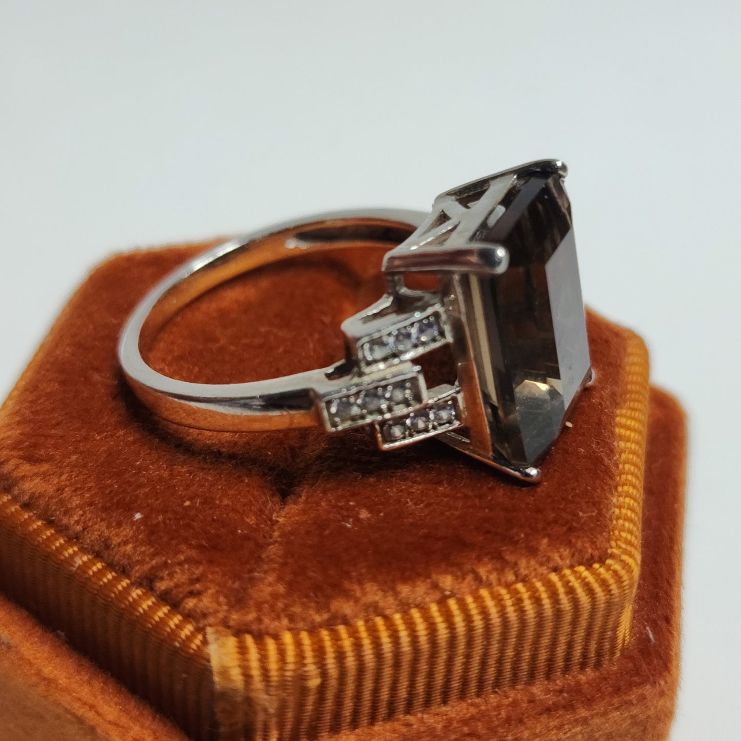 Smoky Quartz Sterling Silver Ring Art Deco Size 8 925 Statement Jewelry
