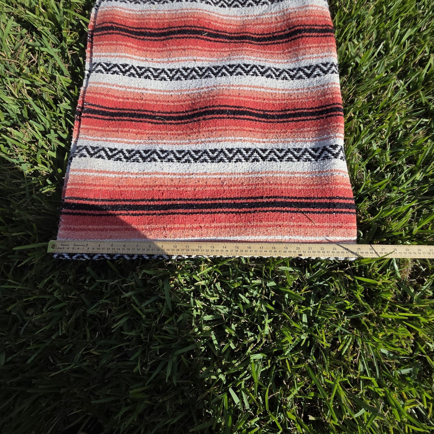 Vintage Sola Mexican Blanket Serape Red Black Throw Stripe Tassel 71 x 25