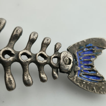 Sterling Silver 925 Green Blue Enamel Fish Bone Pendant Moveable Parts Vintage