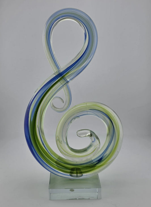 Hand Blown Music Treble Clef 10" Art Glass Sculpture Blue Green Infinity Vintage