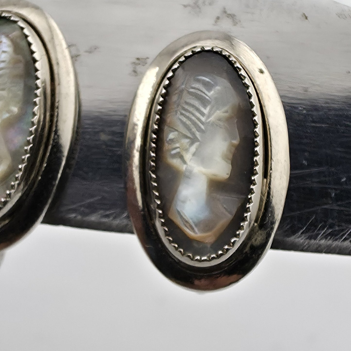 SARAH COVENTRY Cameo Earrings 925 Sterling Silver Art Deco Abalone Shell 1969