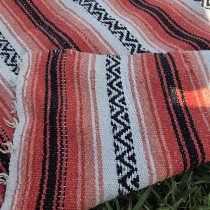Vintage Sola Mexican Blanket Serape Red Black Throw Stripe Tassel 71 x 25