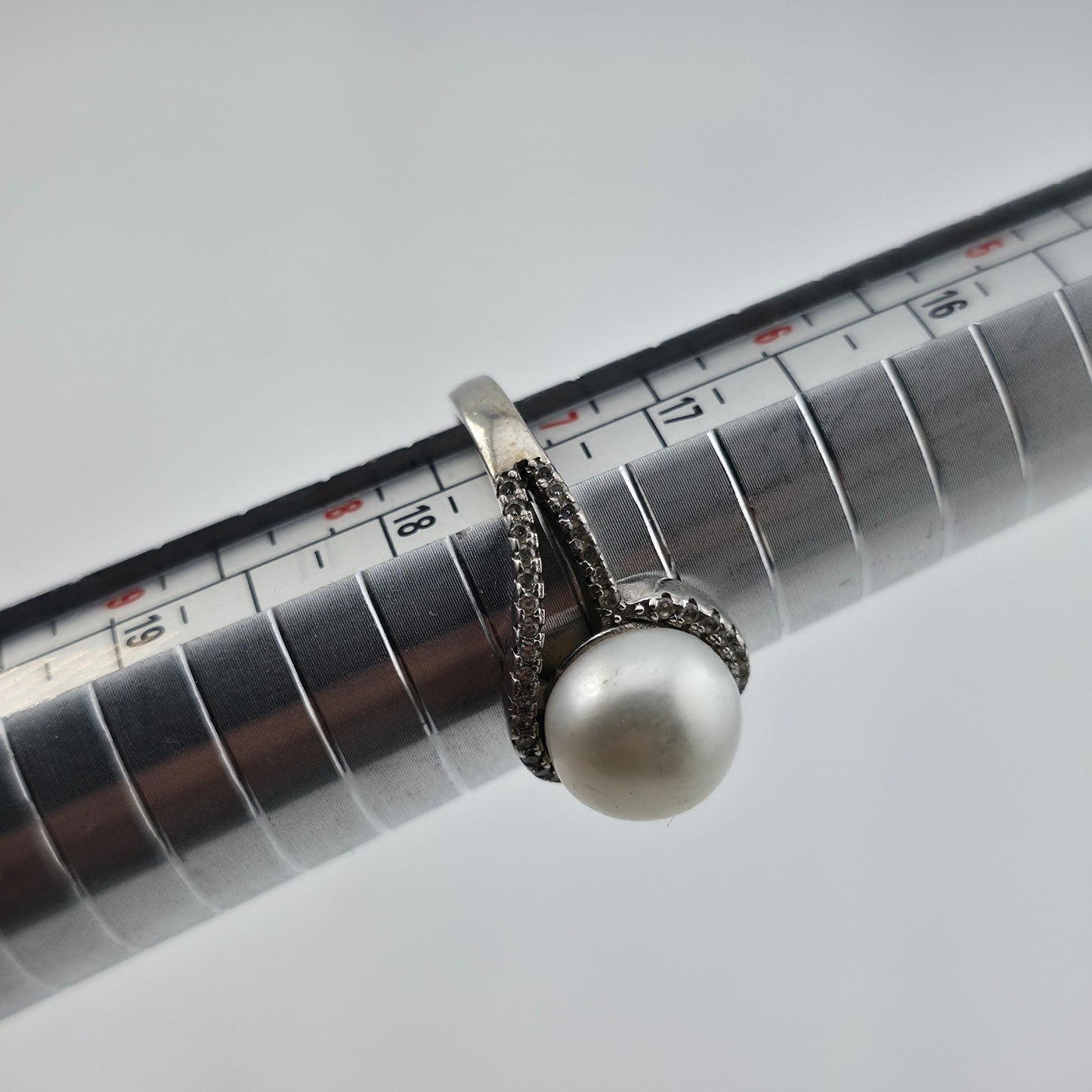 Sterling Silver Pearl Cubic Zirconia Swirl Halo Bypass Ring Size 7.75