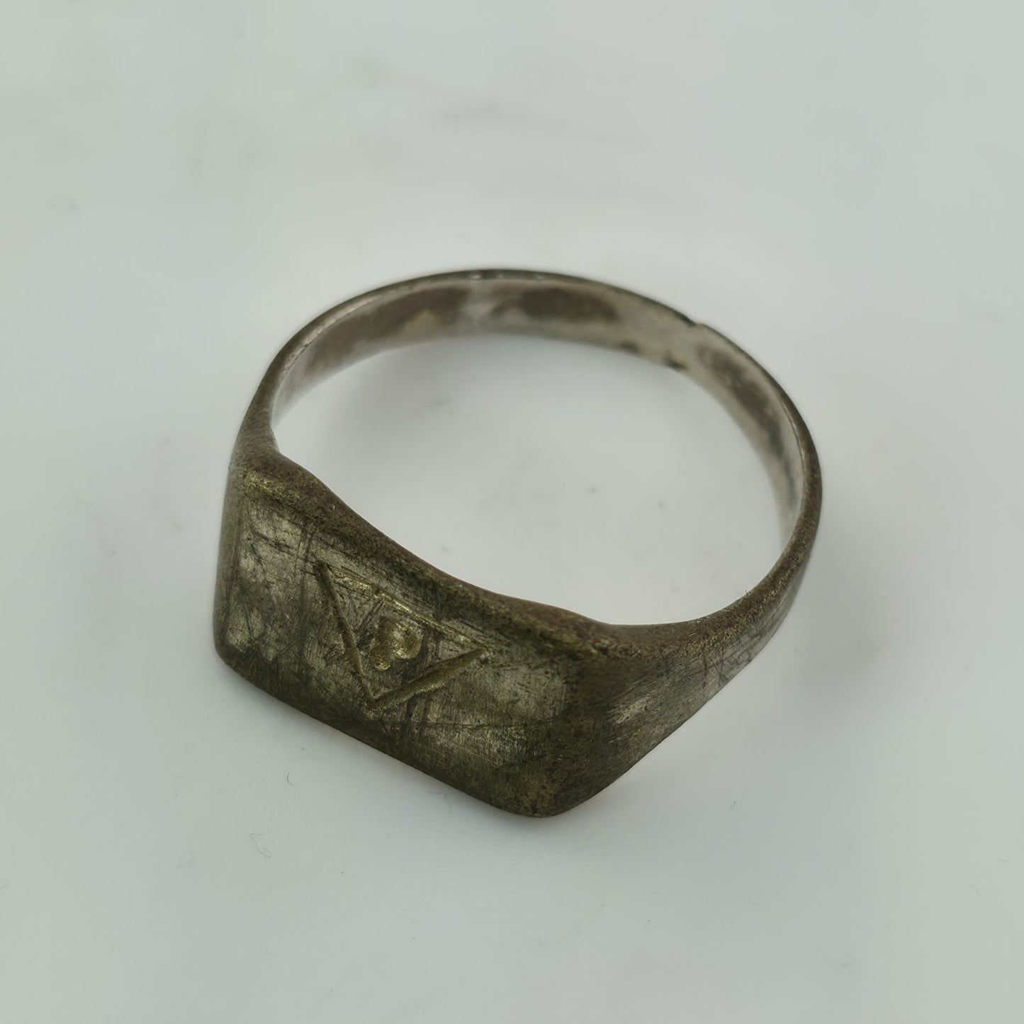 WWII Poland “P” Signet Ring Brass Size 10 Heavy Wear Wartime Military Jewelry