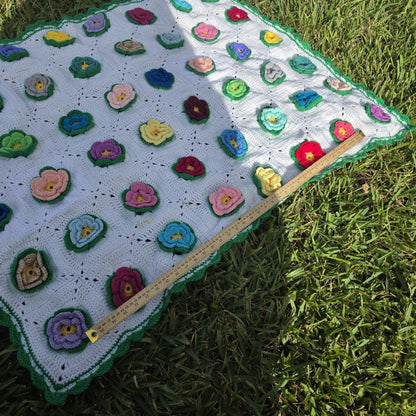 Vintage 70s Handmade 3D Rose Afghan Throw Blanket Granny 35x48 Floral Crochet